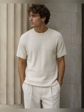 NWT Men's Bobby Chan 100% Silk Cream Crew Size L Nautical Coastal EuroSummer